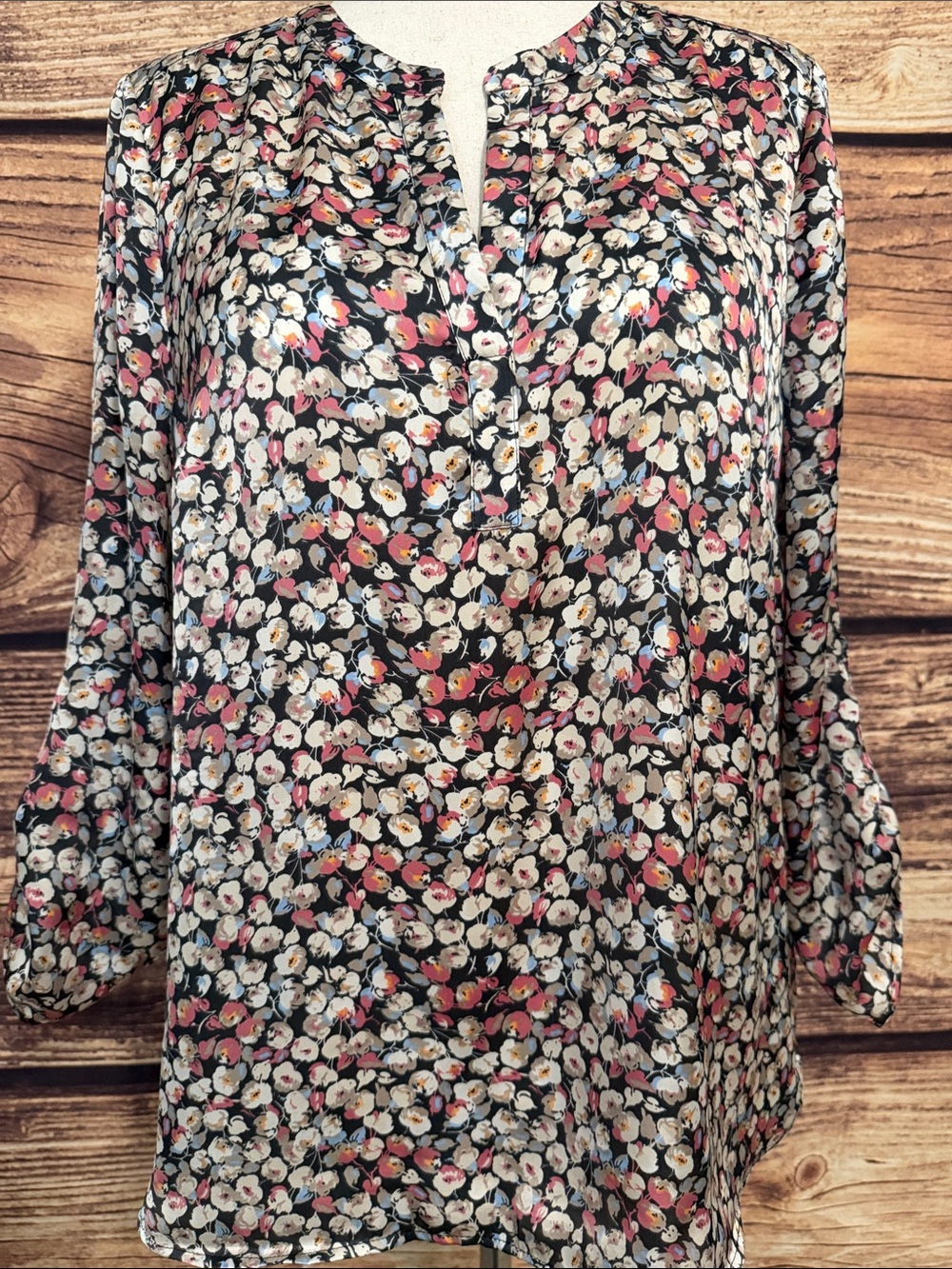 Daniel Rainn Black Floral Split-Neck Tunic with Pink and Cream Blossoms